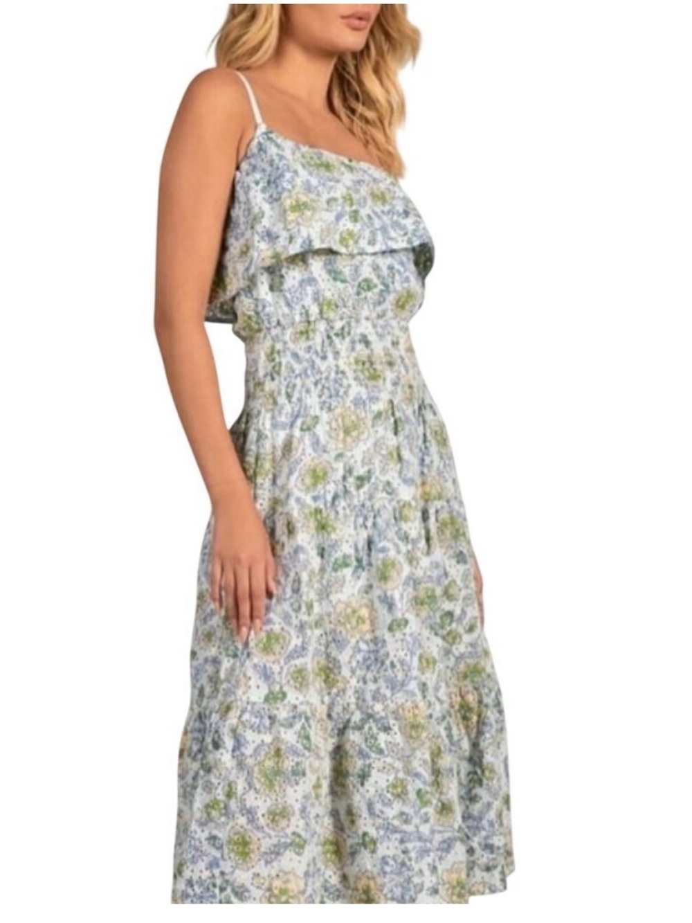 Elan Blue and Green Floral Midi Dress